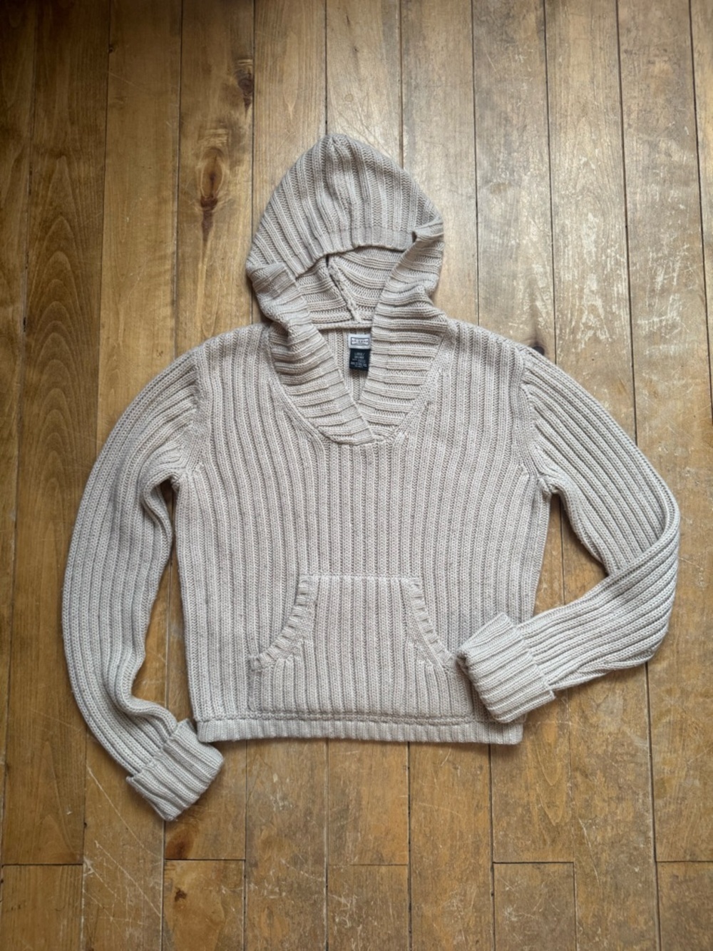 Arizona Jean Company Ribbed Hooded Pullover Sweater - Beige Large